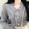 Кружева лоскутное womn блузки весна корейский шик v шеи blusas mujer кнопка элегантные рубашки ins tops 19429 210415
