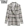 TRAF Moda Donna Doppio Petto Check T Blazer Cappotto Vintage Tasca a maniche lunghe Capispalla femminile Chic Veste Femme X0721