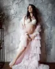 Uzun Kollu Tül Gelinlik Modelleri Katmanlı Ruffles Annelik Robe Fotoğraf Çekimi Sheer Seksi Gelin Gebelik Elbise Custom Made