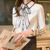 Silk casual shirt women's long-sleeved printed bow blouse summer Korean fashion clothing 210520