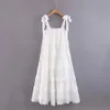 Mulheres Vintage Branco Maxi Longo Dress Elegante Strap Cascading Backless Ruffle Solto Midi Vestido Casual Laço Doce Vestidos 210518