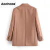 Aachoae femmes kaki Blazer tenue de bureau à manches longues bouton unique manteau Chic Vintage femme à manches longues col cranté veste 210413