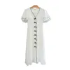 White V Neck Short Sleeve Midi Dress Summer Elegant Bow Flare Solid D1832 210514
