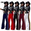 cm.yaya 빈티지 streetwear 여성 플레어 바지 높은 허리 벨 하단 줄무늬 접합 바지 Draped Jogger Sweatpants 211115