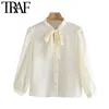 Femmes Mode Faux Perle Boutons Blouses Confortables Vintage Bow Tie Collier Trois Quarts Manches Femme Chemises Chic Tops 210507