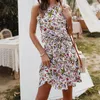 Été mince licou imprimer robe femmes décontracté sans manches volants au-dessus du genou Mini robe florale 210514