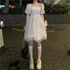 Japonês Lolita Tutu Dress Mulheres Princesa Preto Cintura Alta Gótico Mini Puff Branco Lace Malha Malha Ruffle Doce 210421