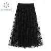 Se Thrugh Black Mesh Florl Print Broderi Kjolar Kvinnor Tulle Tyg Retro Hög Midja Fluffy Kläder Kvinna Casual Loose Jupe 210417