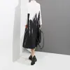 Pintura estilo manga comprida mulher preto e branco impresso camisa vestido tingido-tingido plus size midi senhoras vestidos casuais robe femme