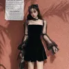 Korea Lace Mesh Vintage Gothic Dresses Full Sleeve Transpanent Strap Fold Pleated Dress Chic Punk Hip Hop Grunge Emo N888 210603