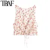 Kvinnor Söt Fashion Cherry Print Ruffled Crop Blusar Vintage Ärmlös Med Drawstring Kvinnor T-shirts Chic Toppar 210507