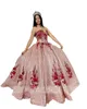 Glitter lantejoulas tulle rosa rosa quinceanera vestidos vermelho floral applique beading strapless espartilho back princesa doce 16 vestido comunhão festa