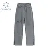 Calças de brim rasgado cinza de cintura alta Mulheres Streetwear Baggy Harajuku Largo Perna Calça Calças Femininas Vintage Long Calças Longas 210417