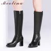 Meotina Women Long Boots Shoes Genuine Leather Platform High Heel Knee-High Boots Zipper Chunky Heels Ladies Boots Winter Black 210608