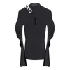 Patchwork Chain Stickade pullovers för kvinnor Turtleneck Flared Collar Hollow Out Slim Sweater Kvinna Fall 210524