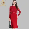 HAUTE QUALITÉ est Designer piste robe rouge femmes à manches longues dentelle Patchwork sirène Vestidos 210520