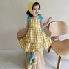 Summer Cute Baby Girls Grid Braces Sleeveless Dresses Kids Girl Princess Clothing Casual Fashion 210521