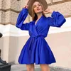 Sexy Satin ceintures une ligne Mini robe lanterne manches élégante robe de soirée automne mode femmes vêtements Streetwear Vestidos 210409