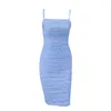 ドラップチュール鉛筆ボディコンドレス女性ストラップノースリーブシェルスクラブパーティードレスMidi Blue Sexy Floral Boho Dress Summer 210415