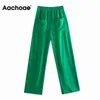 aachoae女性ワイドレッグパンツグリーンカジュアルロングズボンファッションビンテージハイストリートレディパンタロン211115