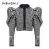 TWOTWINSTYLE Ruched Plaid Coat For Women O Neck Puff Sleeve Short Female Coat Streetwear Autumn Fashion Clothing 211014