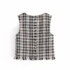 Tweed Plaid Waistcoat Kvinnor Vest Vintage Square Neck Ärmlös Kvinna Mode Frayed Trim Chic Crop Top 210519