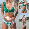 Sexig Blommig Ruffled Hem Bikini Set Kvinnor V-Neck High-Waisted Två Piece Baddräkt Flicka Beach Badräkt Swimwear Biquinis 210712