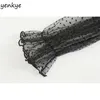 Vintage preto elástico elástico parte superior mulheres semi-sheer manga comprida quadrado pescoço verão sexy tops dwdd87183 210514