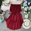 Spring Ladies Fashion Lace Up Slash Neck Chiffon Beach Draw String High Waist Casual Solid Irregular Dress 210520