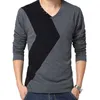 Browon Bryste Höst Mens T Shirts Fashion Streetwear Långärmad V Neck Färg Patchwork Bomull T-shirt Män 210722