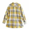 Streetwear Women Yellow Plaid Shirts Fashion Ladies Cotton Loose Tops Causal Female Chic Pocket Button Blouses 210527