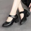 드레스 슈즈 여성 클래식 블랙 푸 가죽 둥근 발가락 고리 루프 사무실 하이힐 Zapatos de Mujer Lady Casual Street E9656