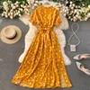 Elegante retro bloemen vintage boho jurk bladerdeeg mouwen taille slanke grote swing lange korte ruches strand zomer 210420