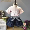 LOVE DDMM Mädchen-Sets, Sommer-Kinderkleidung, Mädchen, handgefertigt, mit Perlen, Blumen, gestreiftes T-Shirt + Schleife, weites Bein, Shorts, Anzug 210715