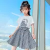 ガールズ服Tシャツ+格子縞のスカートの花柄大きな夏の子供服6 8 10 12 14 210528