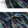 Yitimuceng Plaid Bow Button Dress Women A-Line Mini Spring Single Breasted Long Sleeve High Waist Vintage Office Lady 210601