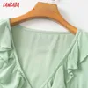 Tangada Mulheres Retrô Romântico Verde Ruffles Blusa Camisa Manga Longa Chique Camisa Feminina Tops 4T34 210609