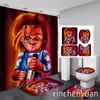 Duschdraperier Skräckfilm Chucky 3D-utskrift Vattentät badrumsgardin Toalettöverdrag Matta Halkfri golvmatta (1/3/4 st) W07