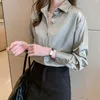 Корейские шелковые женские рубашки сатин блузки с длинным рукавом рубашка Tops Office Lady Mint Plus размер женщина блузка XXL 210427