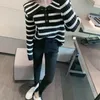 Kimutomo 캐주얼 스트라이프 니트 스웨터 여성 턴 다운 칼라 버튼 따뜻한 긴 소매 풀오버 outwear 봄 210521