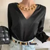 Ezgaga Elegancka bluzka Kobiety Koreański Chic Deep V-Neck Łańcuch Solidna Z Długim Rękawem Hollow Out Office Lady Shirts Moda Blusas 210430