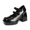 Zapatos de vestir Mujer Bombas Tacones altos Punta cuadrada Hebilla de tacón grueso Negro Blanco Mary Janes Plataforma de calle Retro Felpa Winterde39