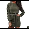 Odzież odzież Drop Delivery Fnoce 2021 Jesienne Damskie Dresses Streetwear Moda Casual Solid Long Sleeve Oneck Slim Elegant Mini Dress Inc