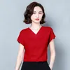 Office Lady Solid V-Col V-Col V Blouses à manches courtes Femmes Casual Summer Silk Satin Chemises Plus Taille M-4XL Loose Tops Vêtements 10297 210512