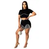 Women's Stretch Jean Shorts Mid Waist Distressed Frayed Raw Hem Tassele Denim Shorts With Tassel (shorts only) Black Size(S-2XL)