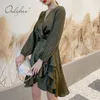 Verão outono mulheres vintage cetim manga longa seda plissada mini vestido de festa 210415
