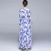 Autumn Bohemian Vacation Elegant Chiffon Women Long Sleeve Blue and White Porcelain Printed Belt Beach Maxi Dress 210416