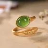 Zilver 925 Ring Vrouw Sieraden Sterling Gilded Hetian Jade Feather Emerald Chalcedony Rose Gold Verstelbare Openingscluster Ringen