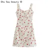 Summer Selling French Slim Fit Vintage Square Collar Folds Cherry Print Women's Dress A-line Skirt Fashion Female 210508