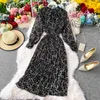 Neploe Bowknot Drawstring Casual Dress Women New Retro Print Pleated Vestidos Long Sleeve Slim Waist Fresh Big Swing Dresses 210423